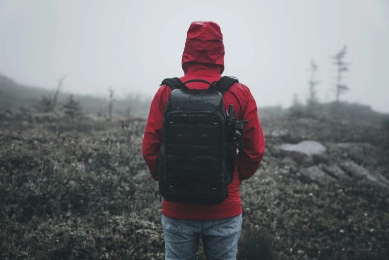 a person in a red jacket and black backpack with a hood on