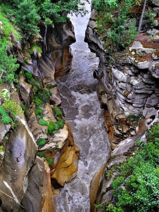 a river flows through a narrow cliff, with rocks on either side