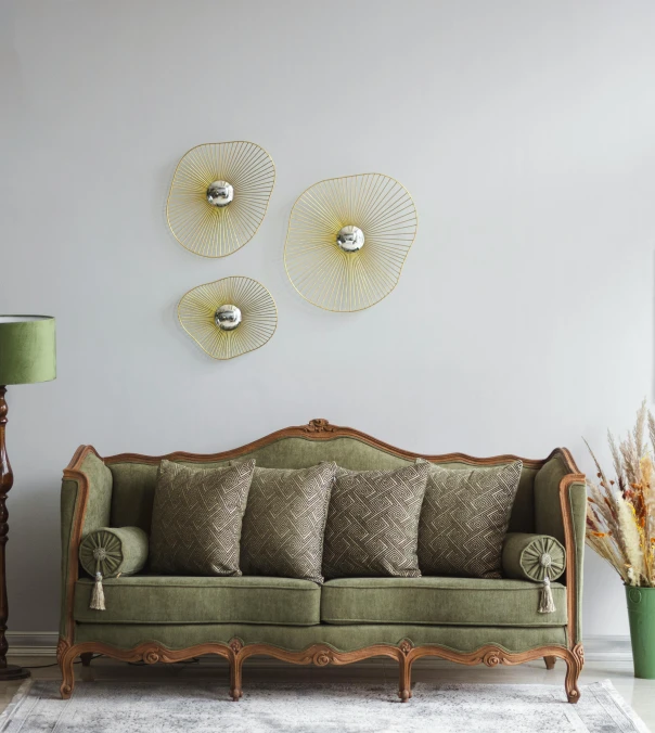 a living room with a green couch in it