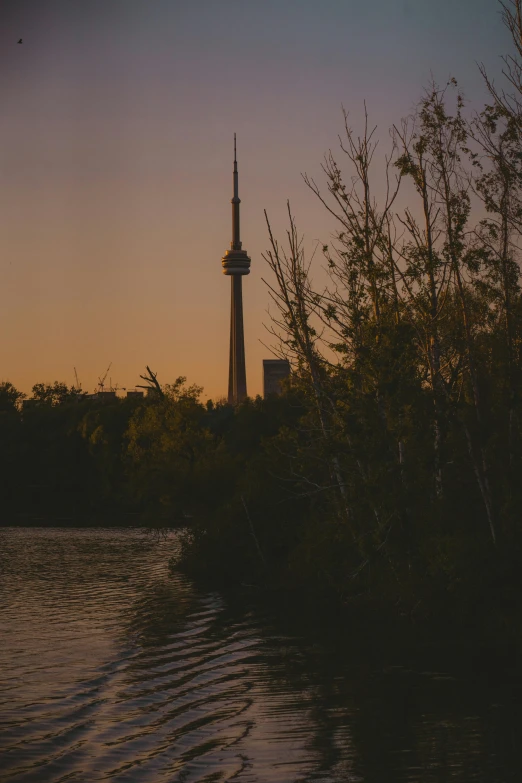 the view of the tower in the distance from the water