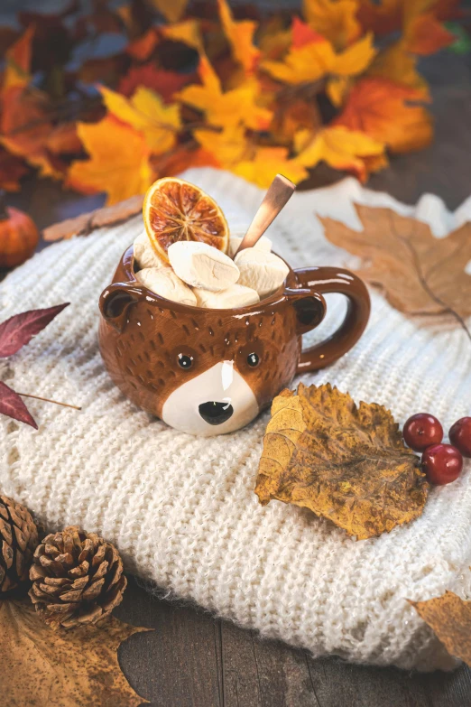 a mug with an orange in it and other autumn decorations around