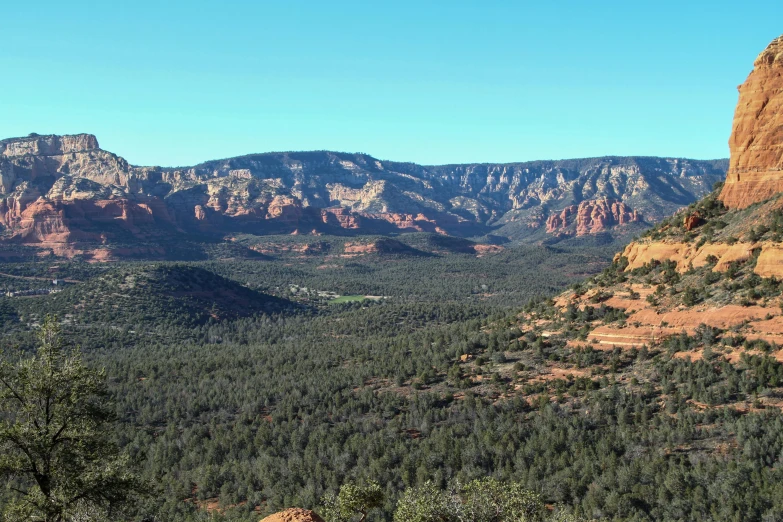 a large mountain with trees and some hills