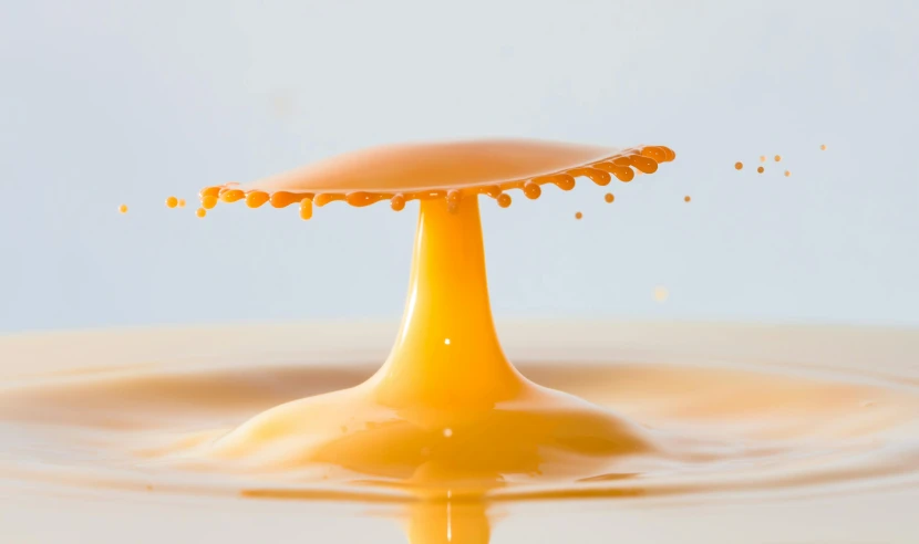 an orange liquid drop has a light yellow circle