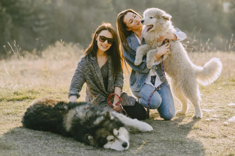 two women with their dogs on a field