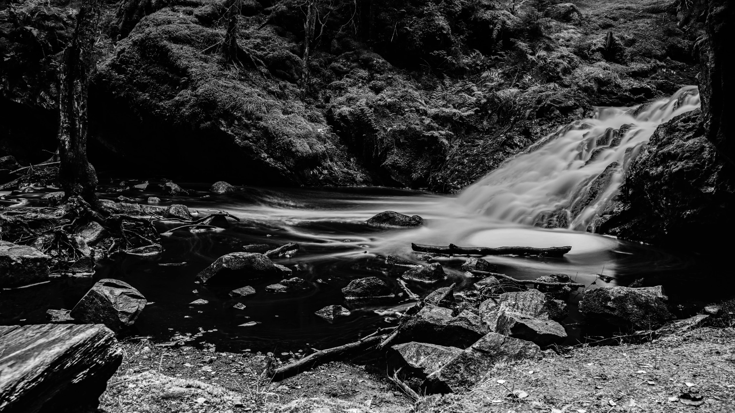black and white po of waterfall