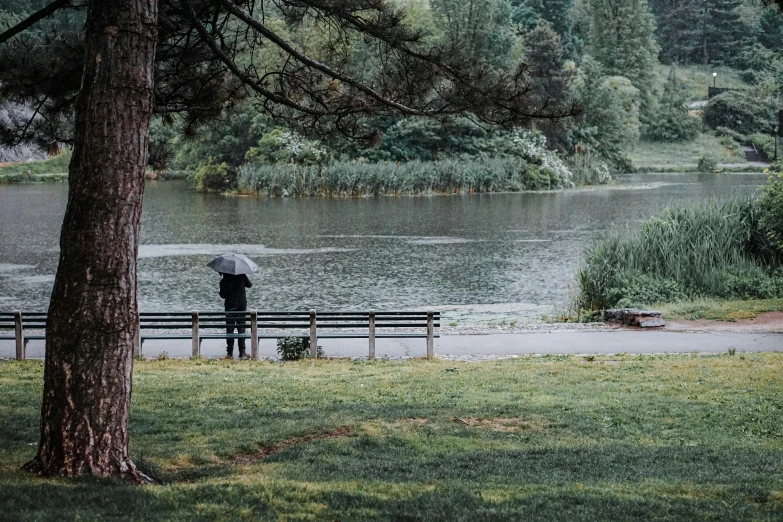 a person with an umbrella sitting on a park bench