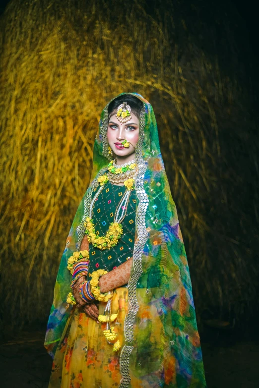 a girl dressed in a colorful indian costume