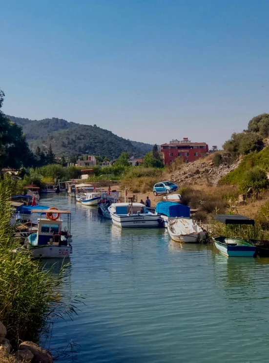 many boats are on the water beside some land