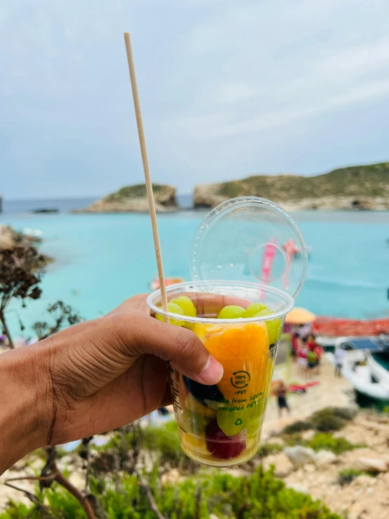 a hand holding a drink that has different fruits in it