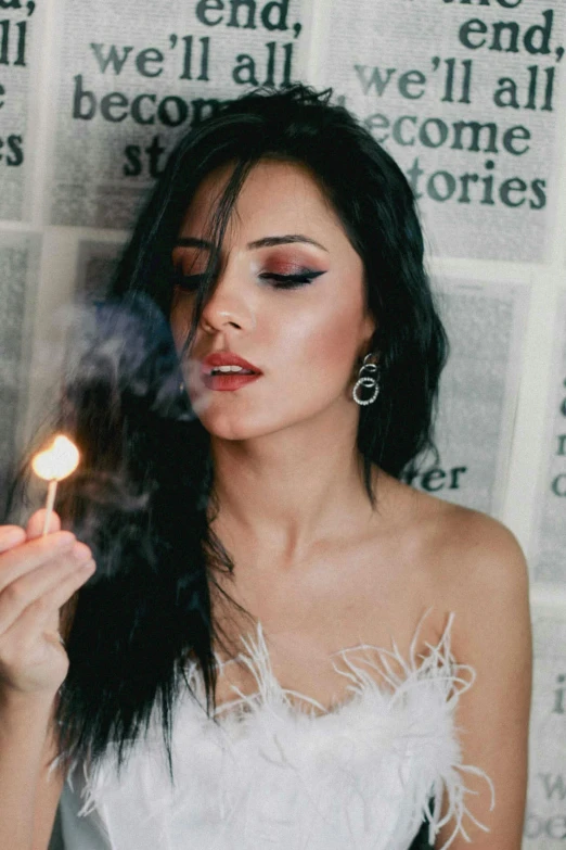 woman holding cigarette with newspaper background reading in english