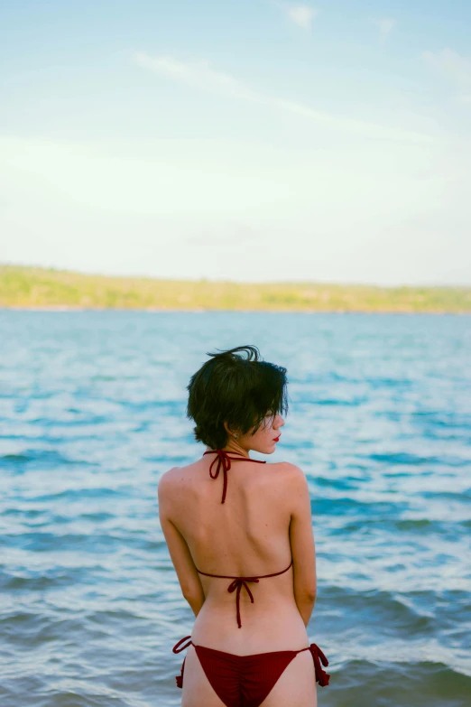 a person in a bikini standing at the edge of water