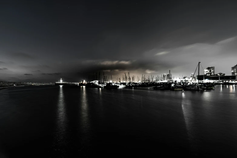 dark water with a group of boats near it