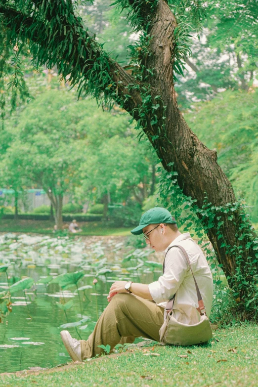a person sits by a tree on the side of a pond with lily pads in the water