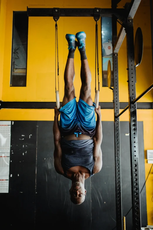 a man performing aerial gymnastics exercises in the gym