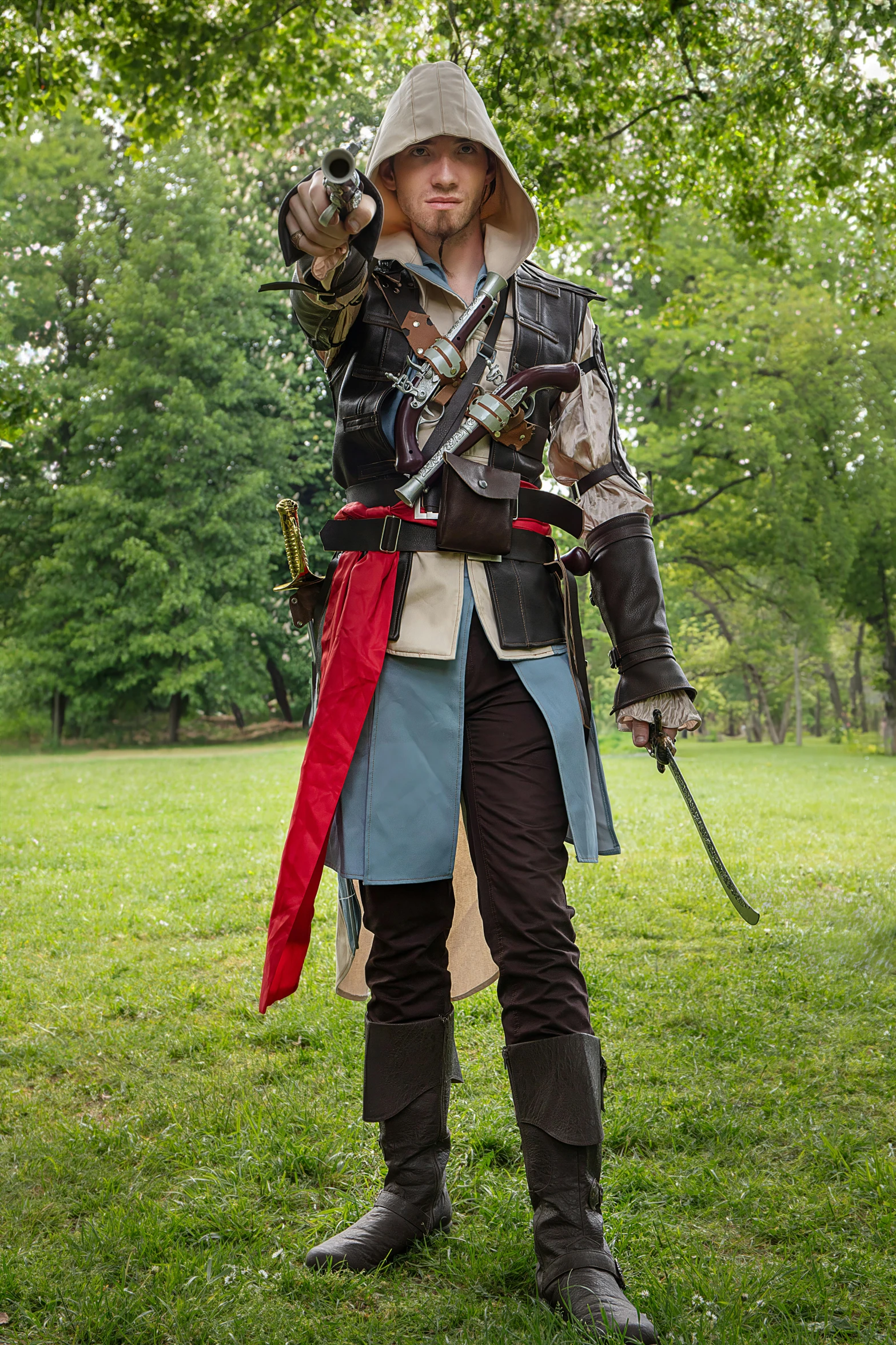 man in a costume standing in a field