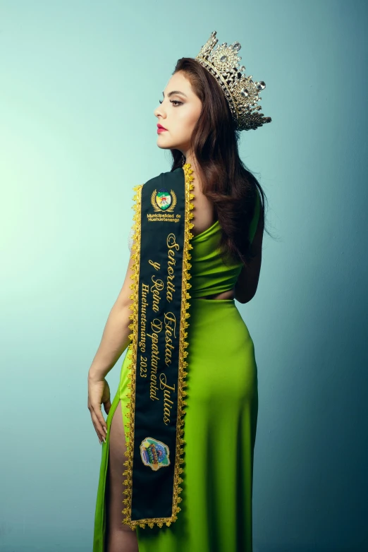 a woman posing in an extravagant gown with her crown on top