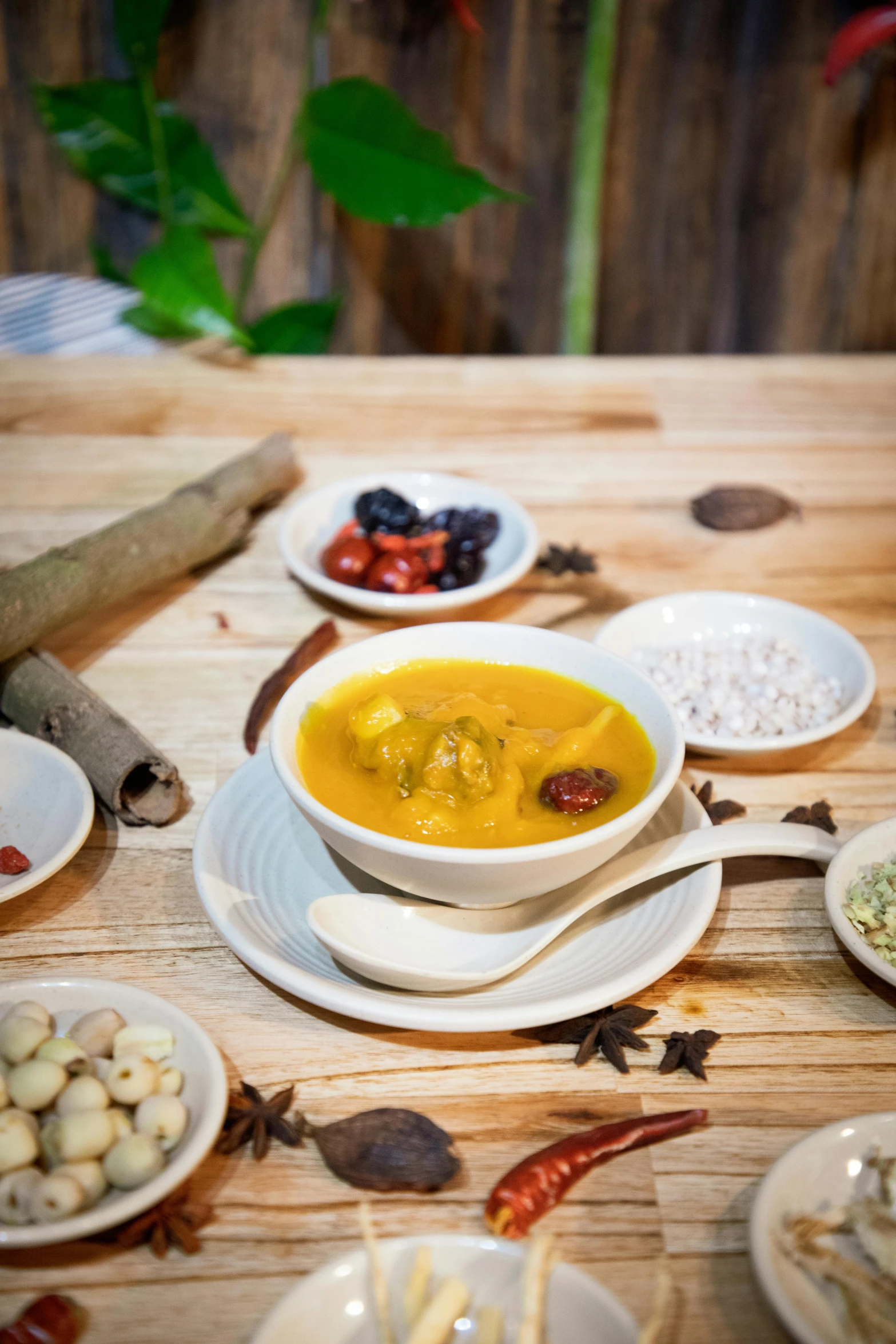 several plates are set around different bowls of soup