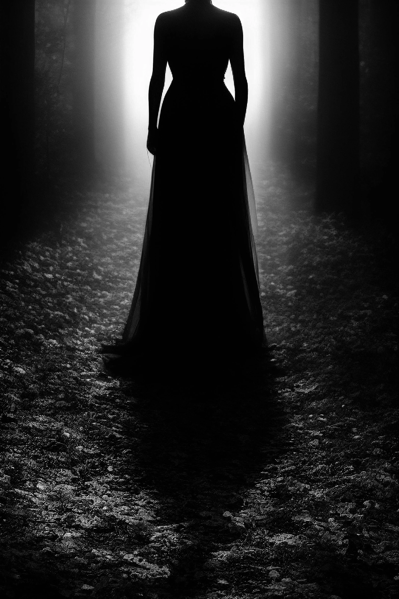 woman in long dress with light shining from the floor