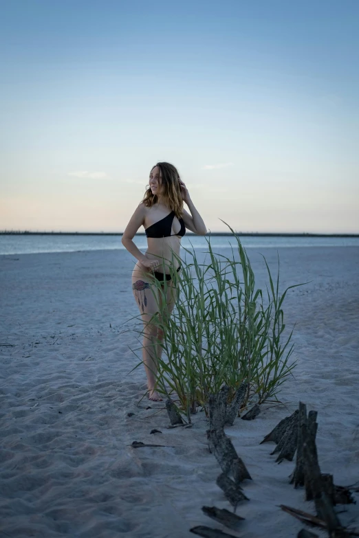 a woman standing on the beach, near some birds