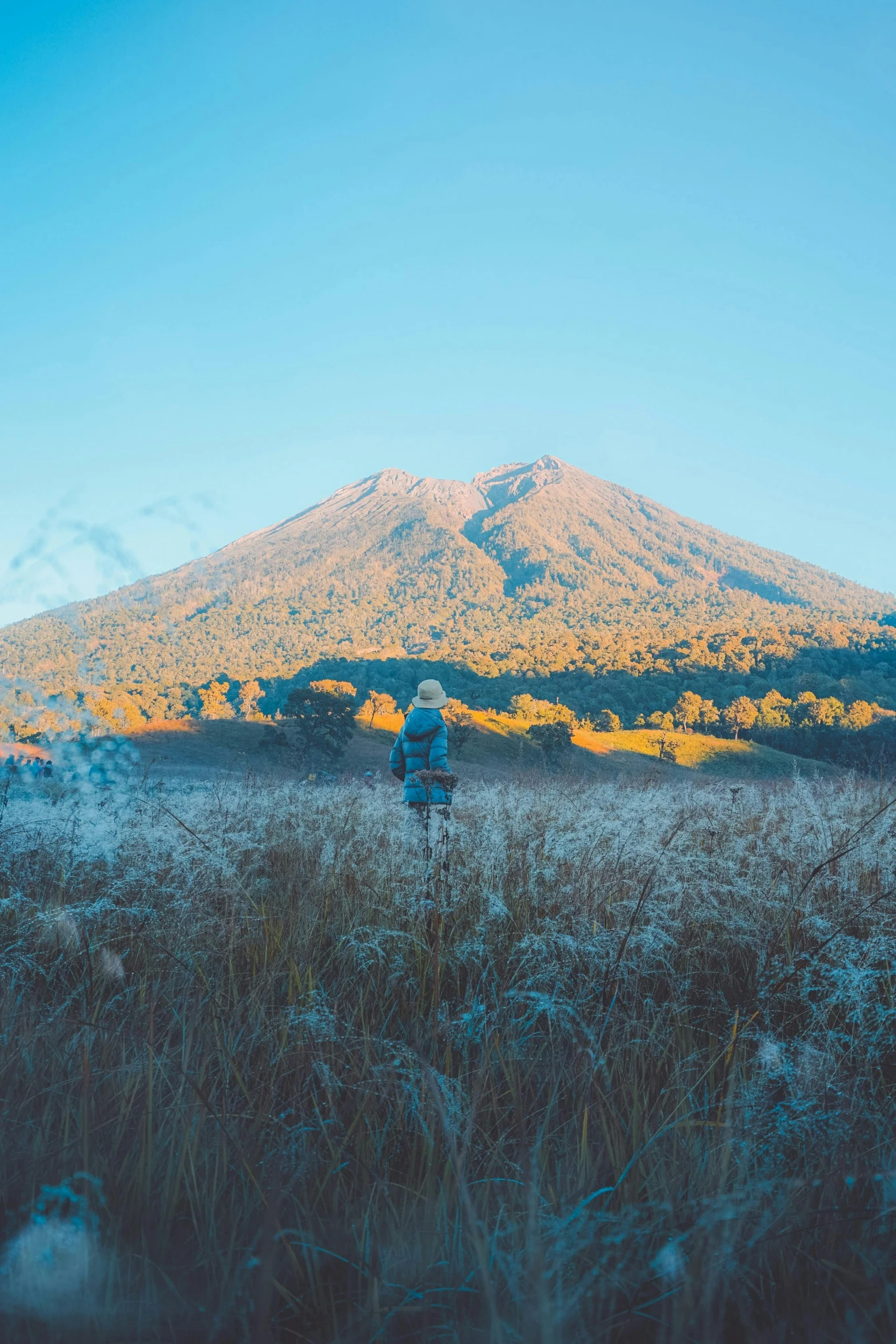 the person stands on a rocky hillside watching a mountain in the distance