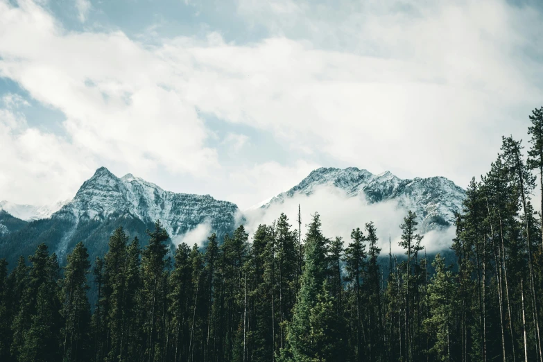 the mountains are covered in clouds and are surrounded by trees