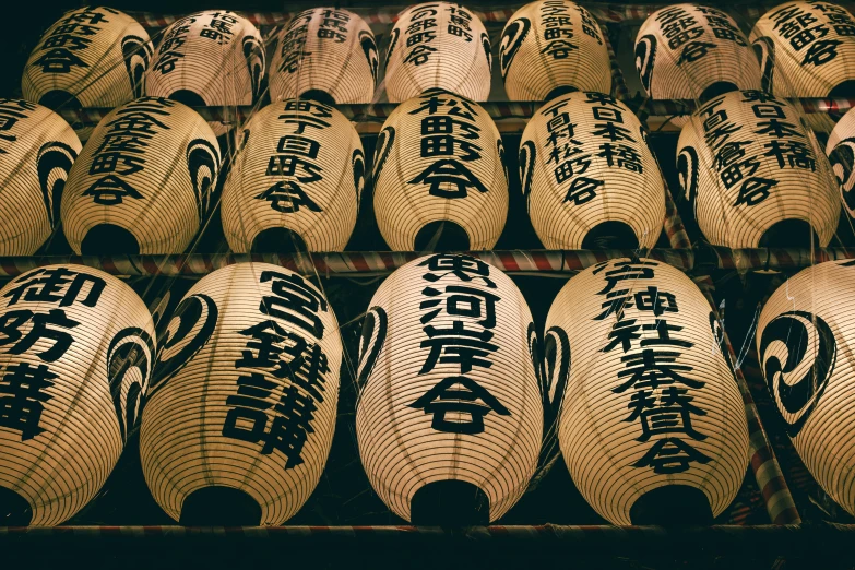 rows of hand made paper lanterns with asian characters on them