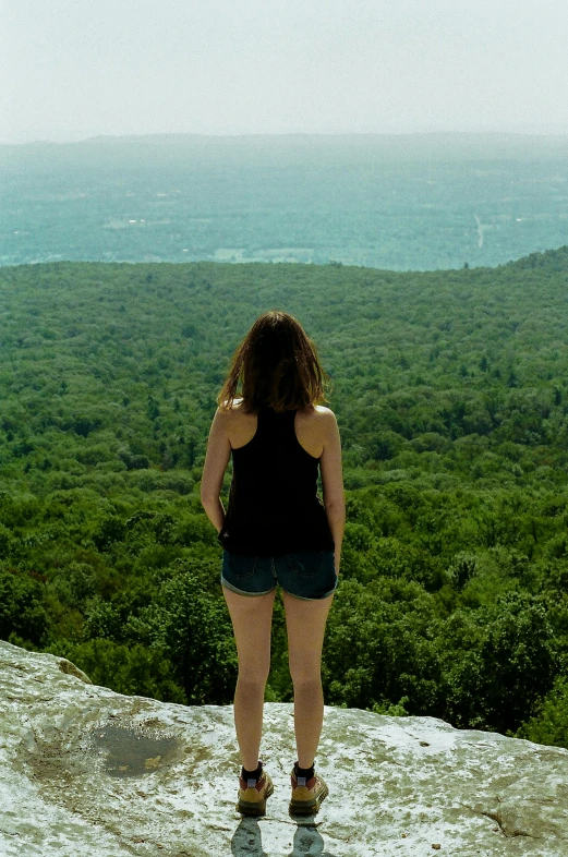 woman standing on top of a rock overlooking green grass