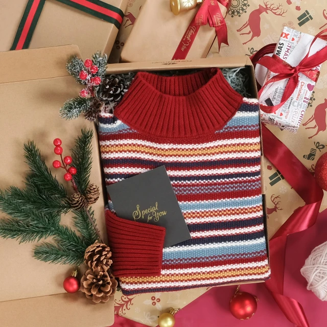a little boy's sweater in a box with a christmas gift