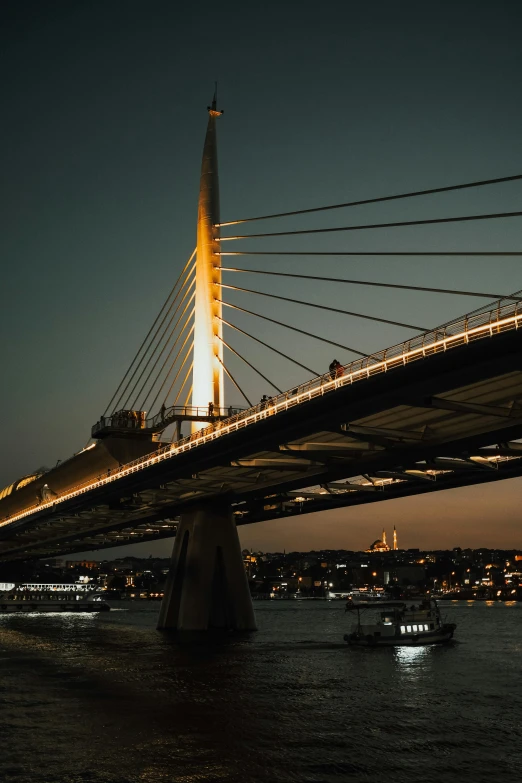 lights on the underside of a suspension bridge at night