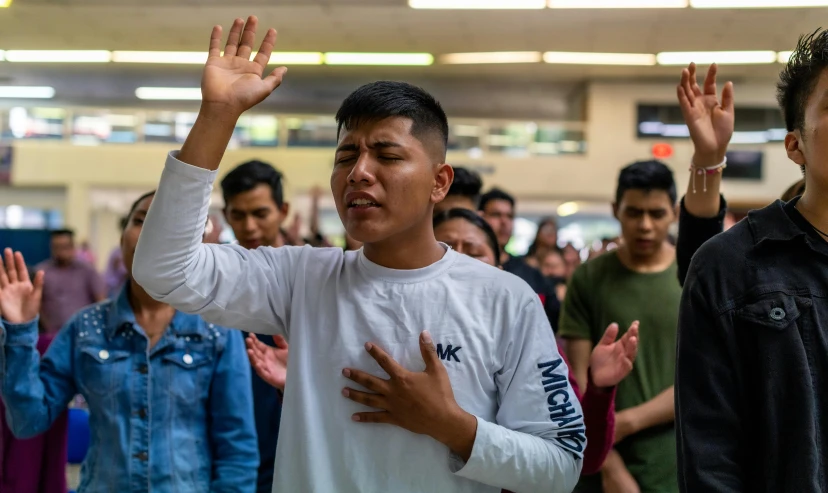 a man holding up his hand and some people in the background