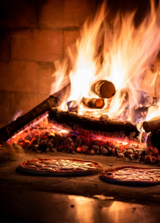 two pizzas on a pan in front of fire