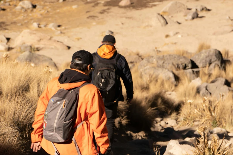 the two people in yellow and black are hiking through the wilderness