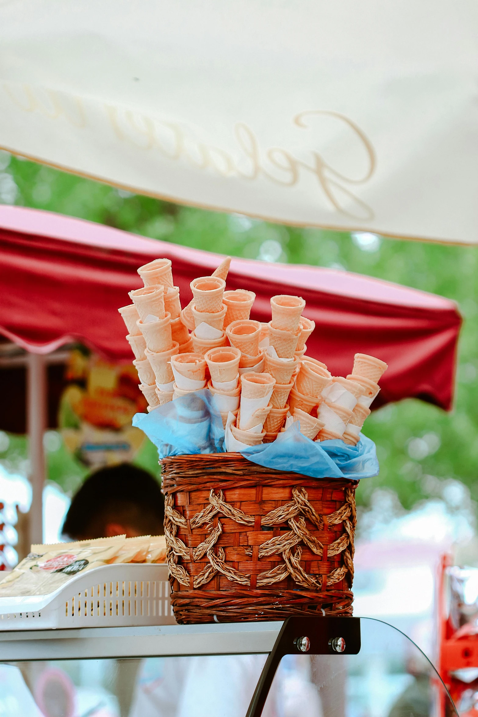 two baskets filled with pink and blue soap