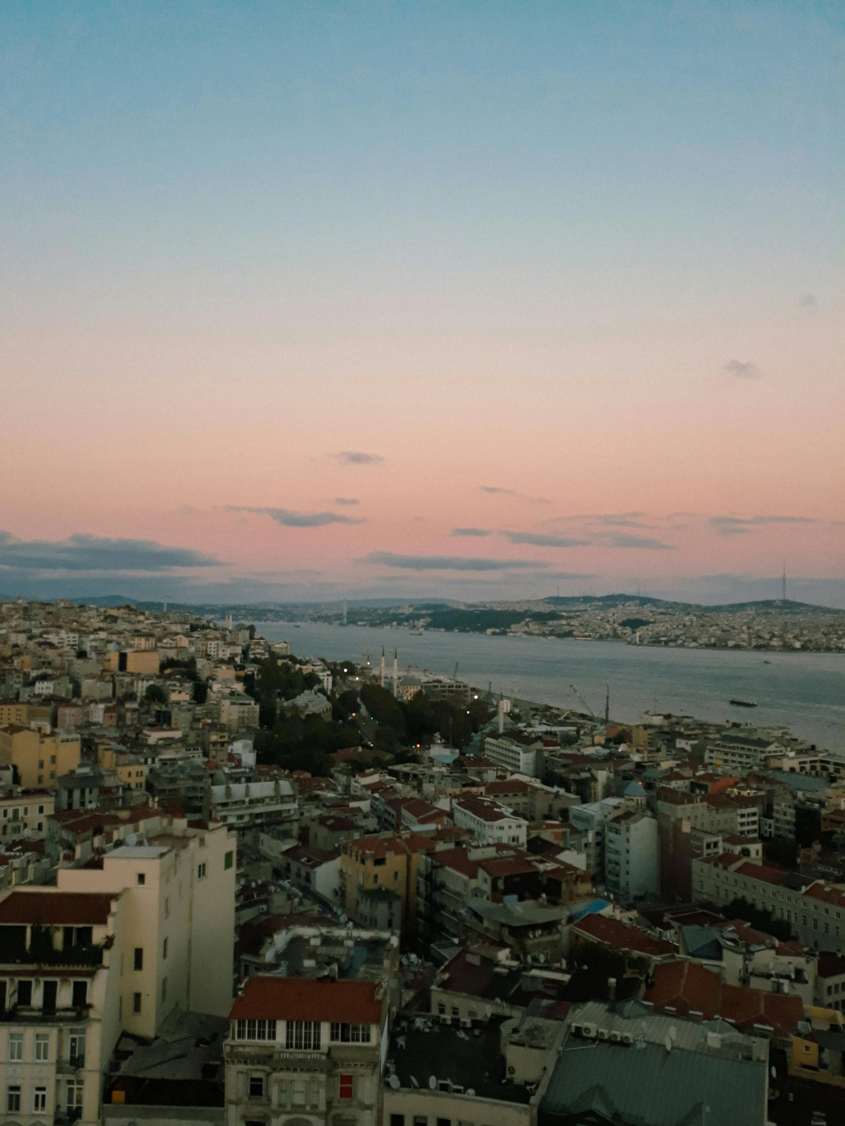 a town and body of water in the background