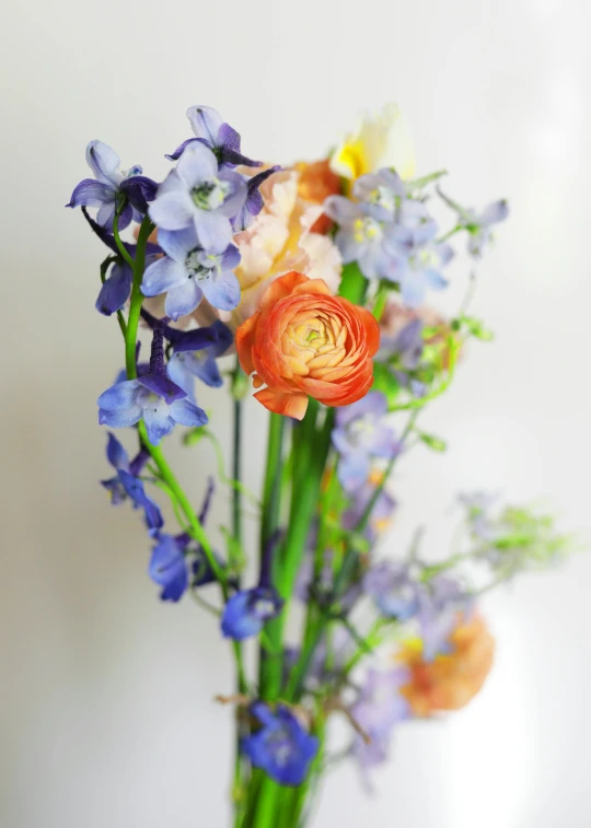 a vase with blue and orange flowers and purple flowers