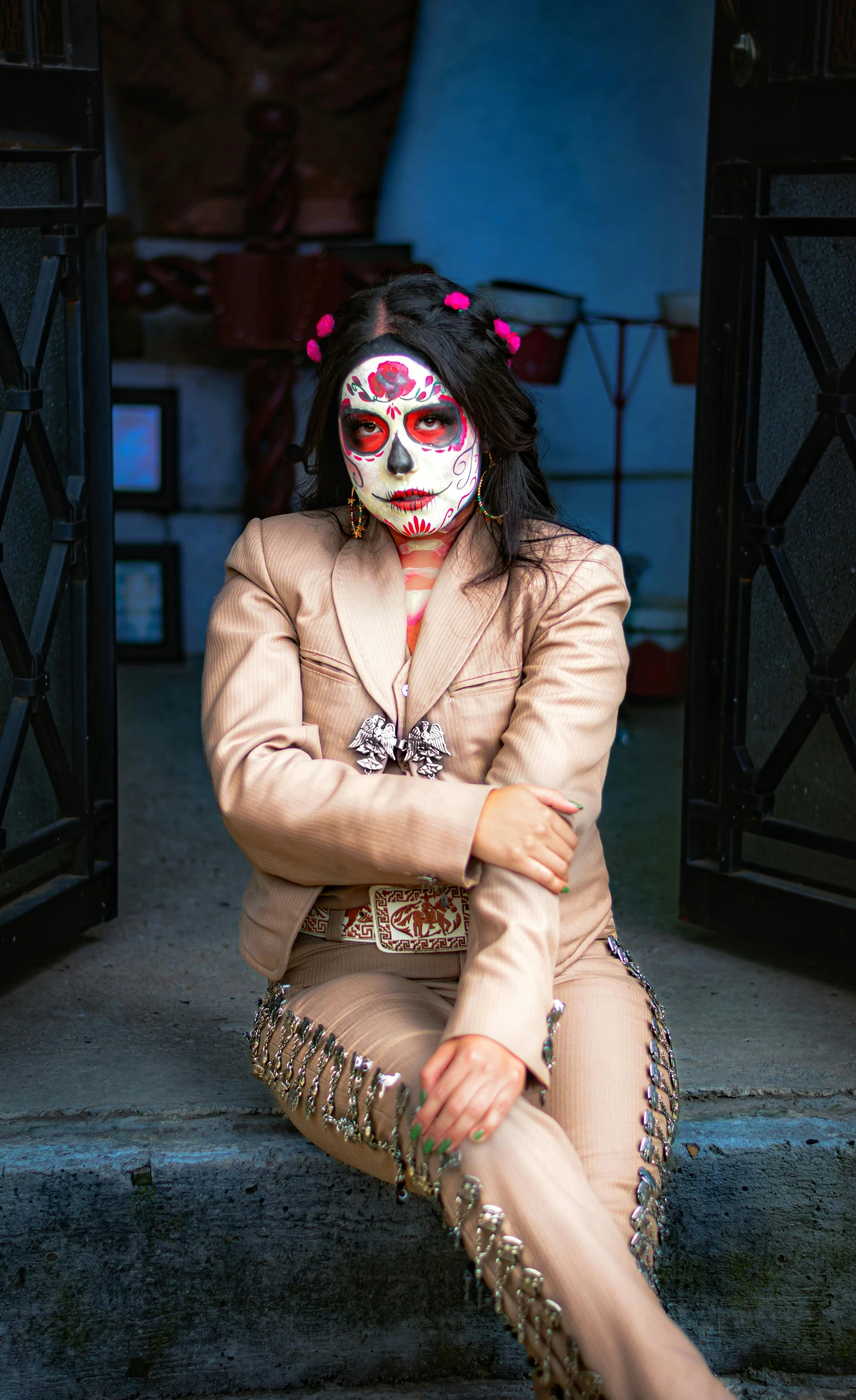 a female model in makeup on the steps