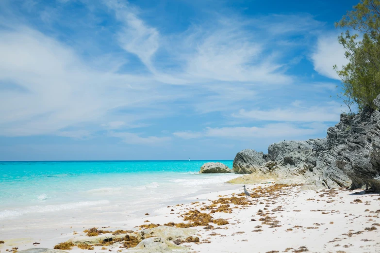 a beach with a small cliff in the ocean