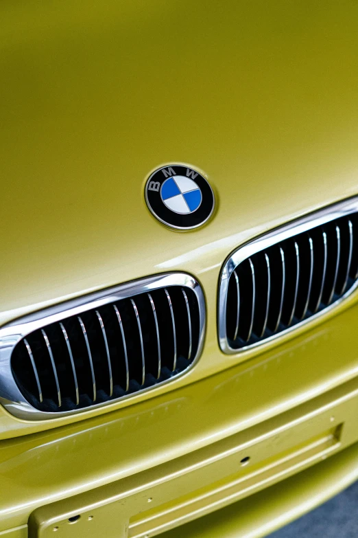 close up of the front grill of an old style green bmw car