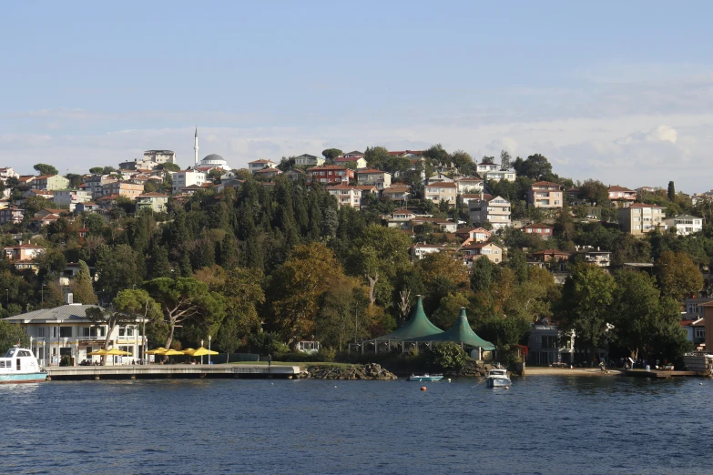 a large body of water with houses on a hill in the background