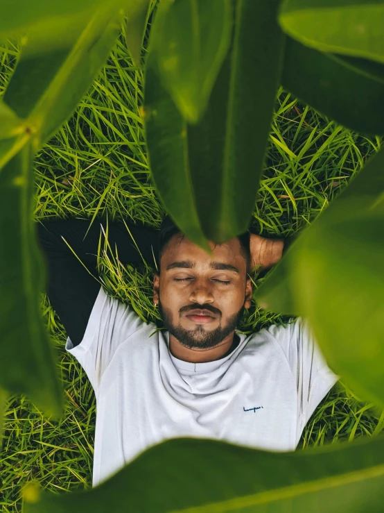 an image of a man who is relaxing in the green grass