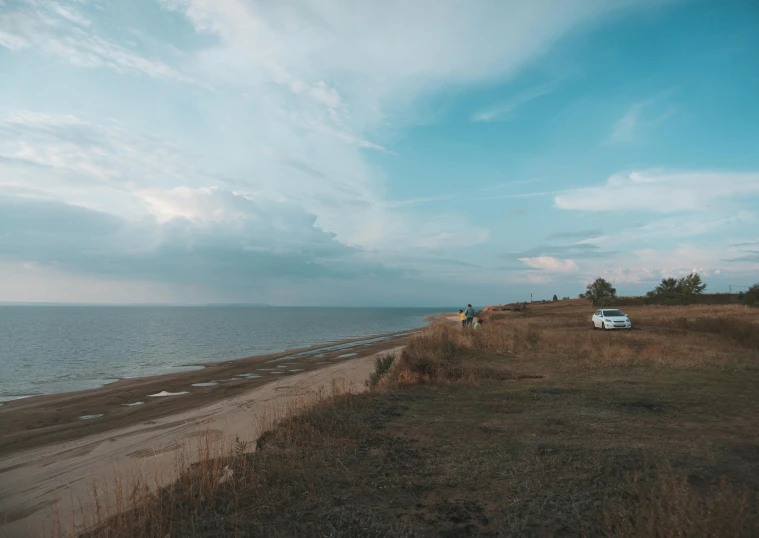 some people standing on the grass by the beach