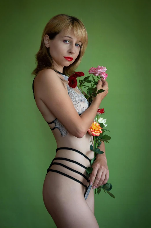 a very pretty woman in a bikini holding flowers