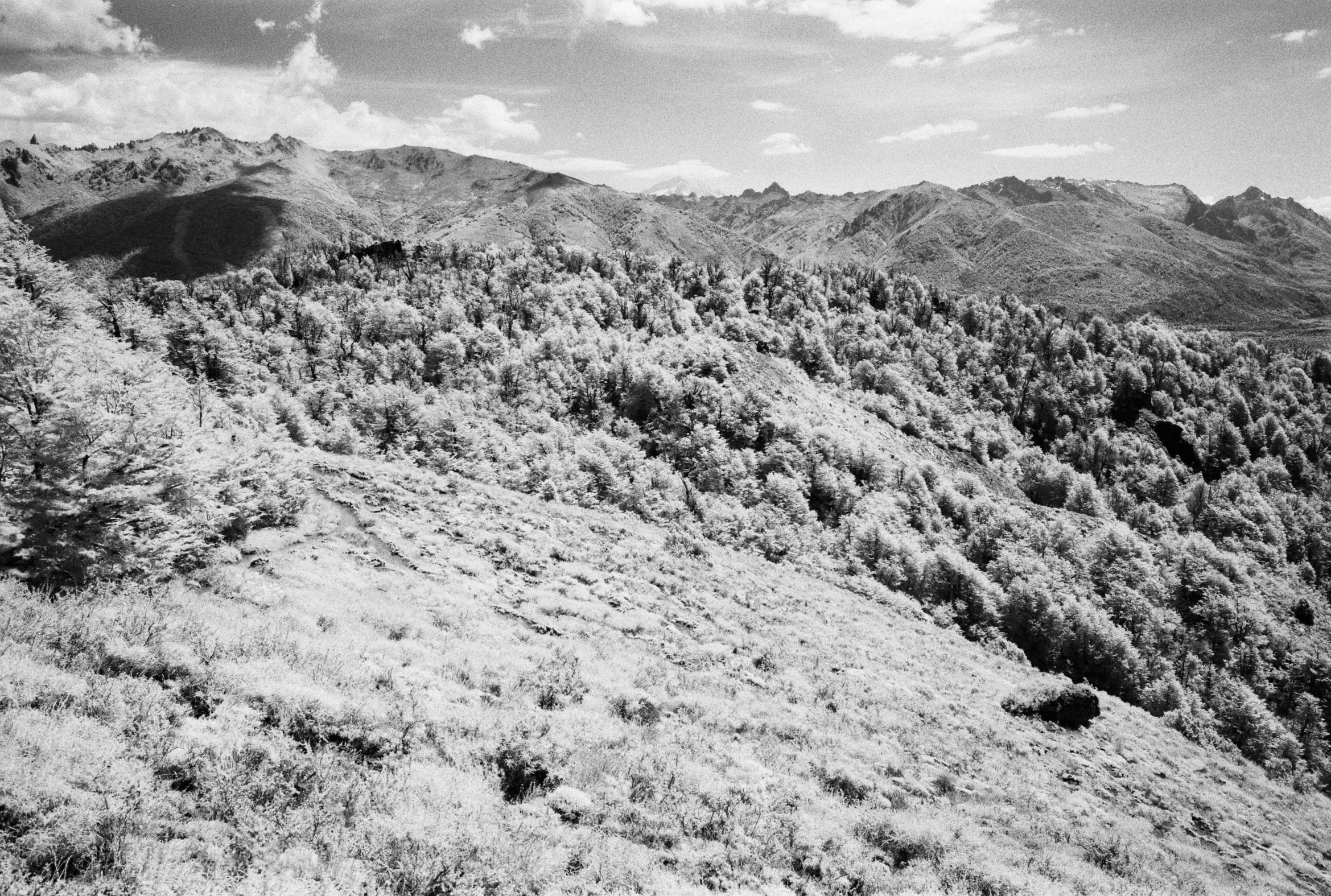 an uphill view with mountains and clouds in the distance