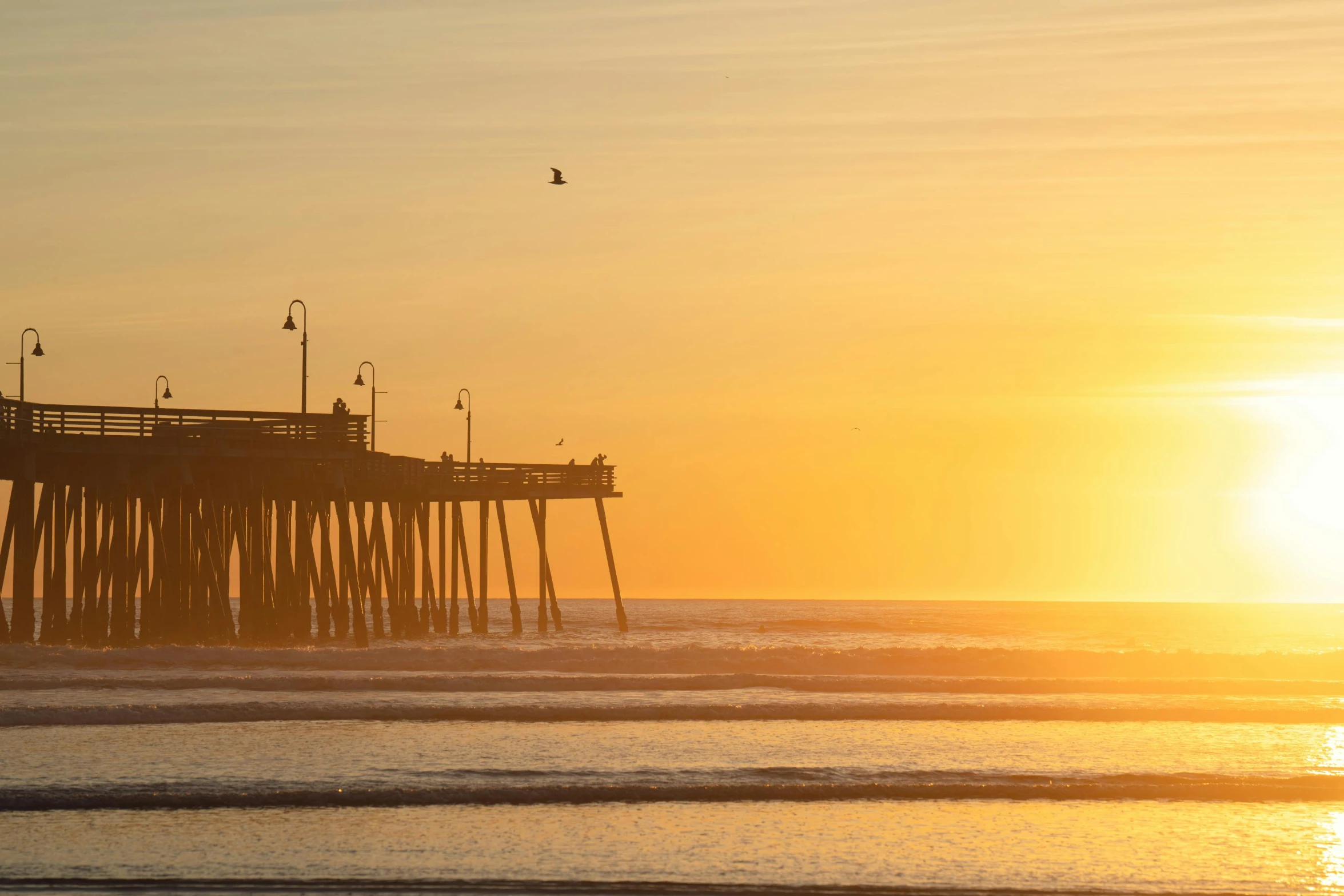 the sun shines in a golden glow over the ocean and the fishing pier