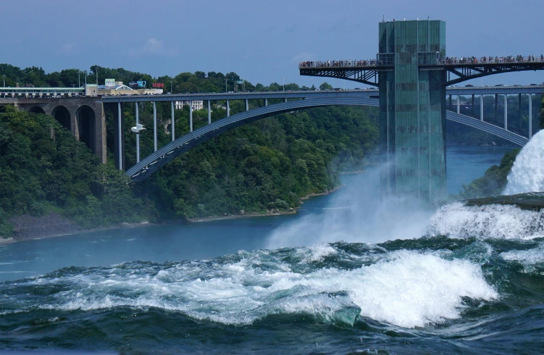 view of the niagara falls and bridges at dusk