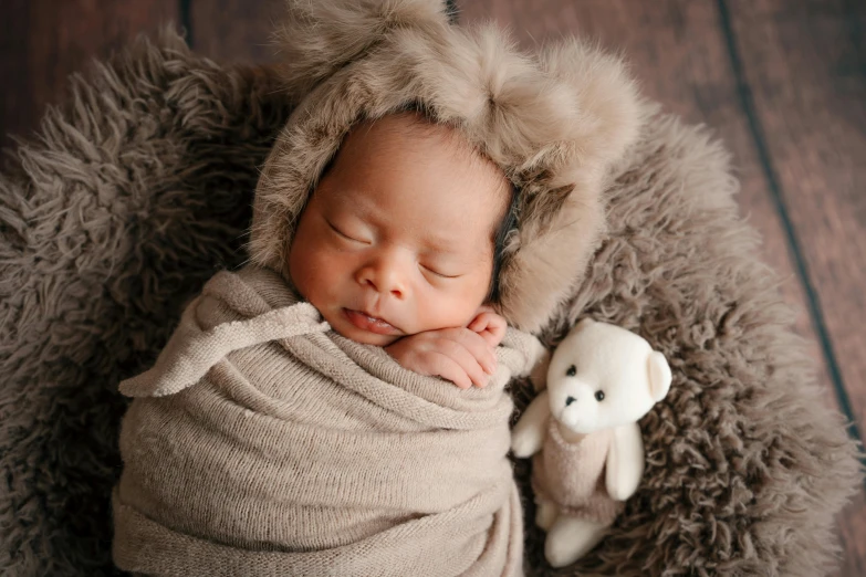 newborn boy curled up in a blanket next to two stuffed animals