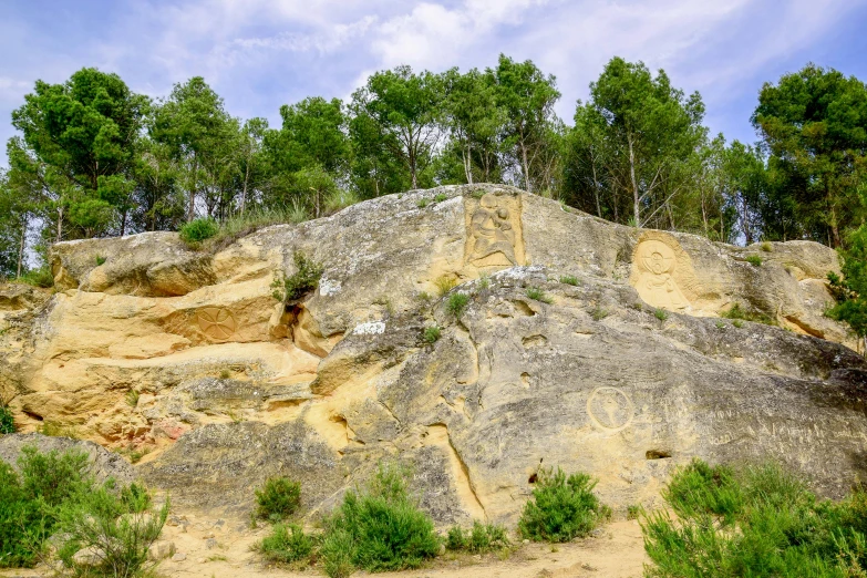 a picture of a dirt and rock mountain with trees