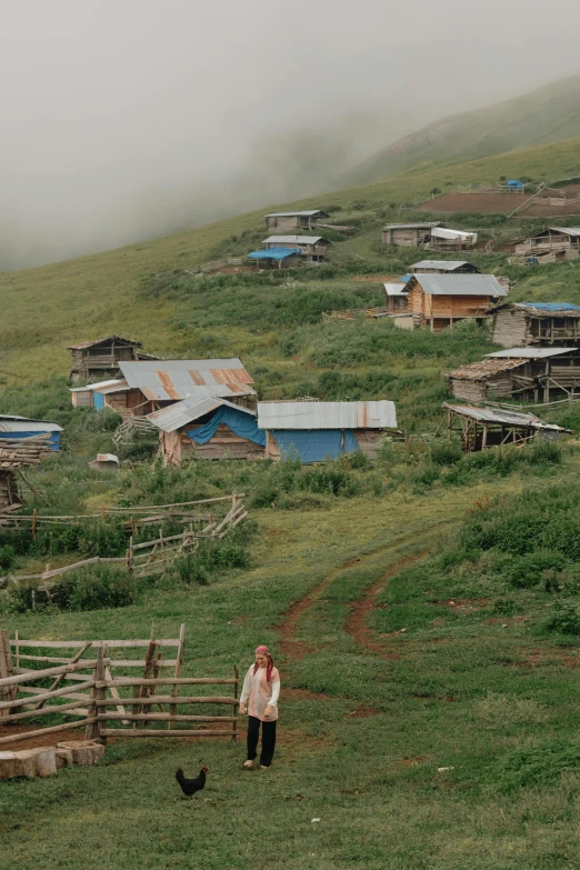 a couple of people standing in a field by some houses