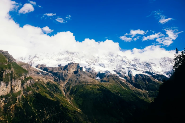 mountains that are covered in snow next to trees