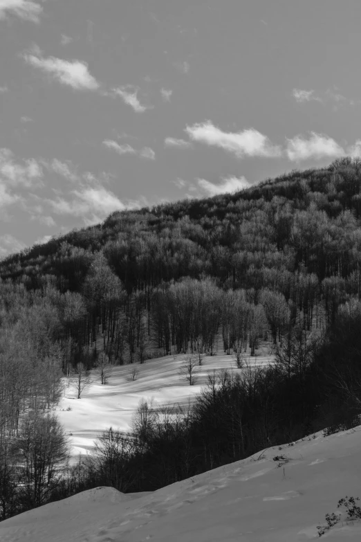 a snowy hillside under a cloud filled sky